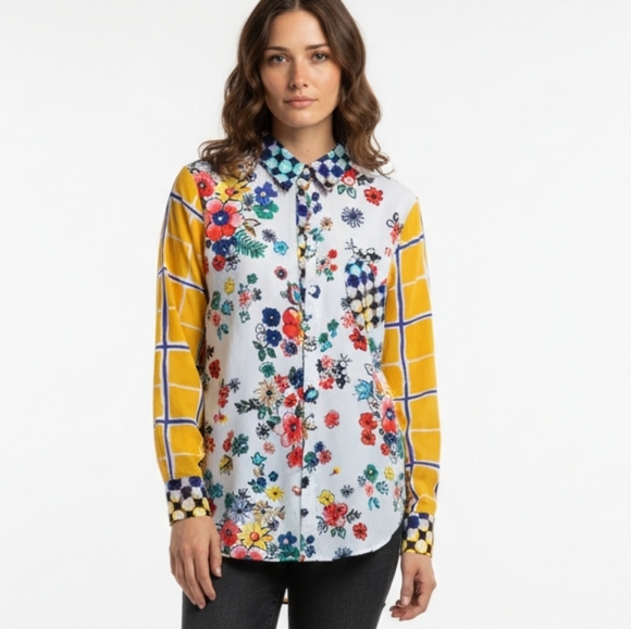 LOVE MOSCHINO Long Sleeve Flower Geometric Floral Mix Print Blouse Top Sz 38 M